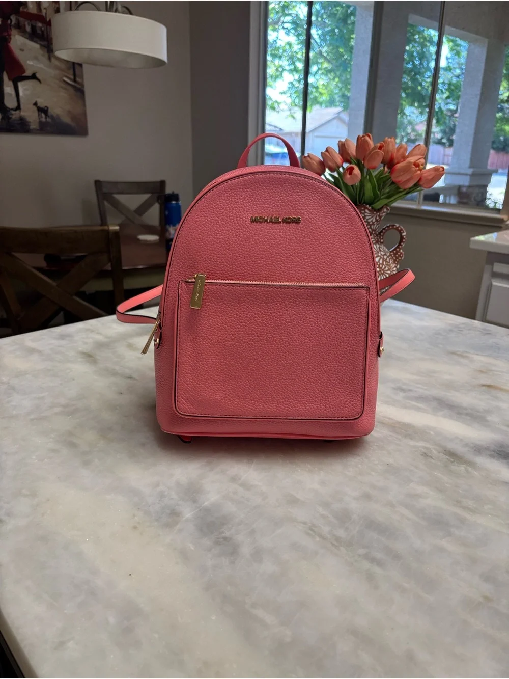 Michael Kors Jet Set Mini Backpack Pink Pebbled Saffino Leather Gold Hardware